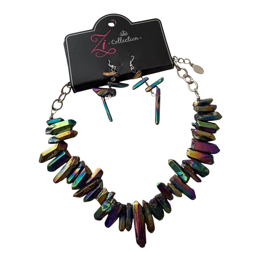 Paparazzi Zi Collection Iridescent Oil Spill Crystal Point Necklace Earrings Set